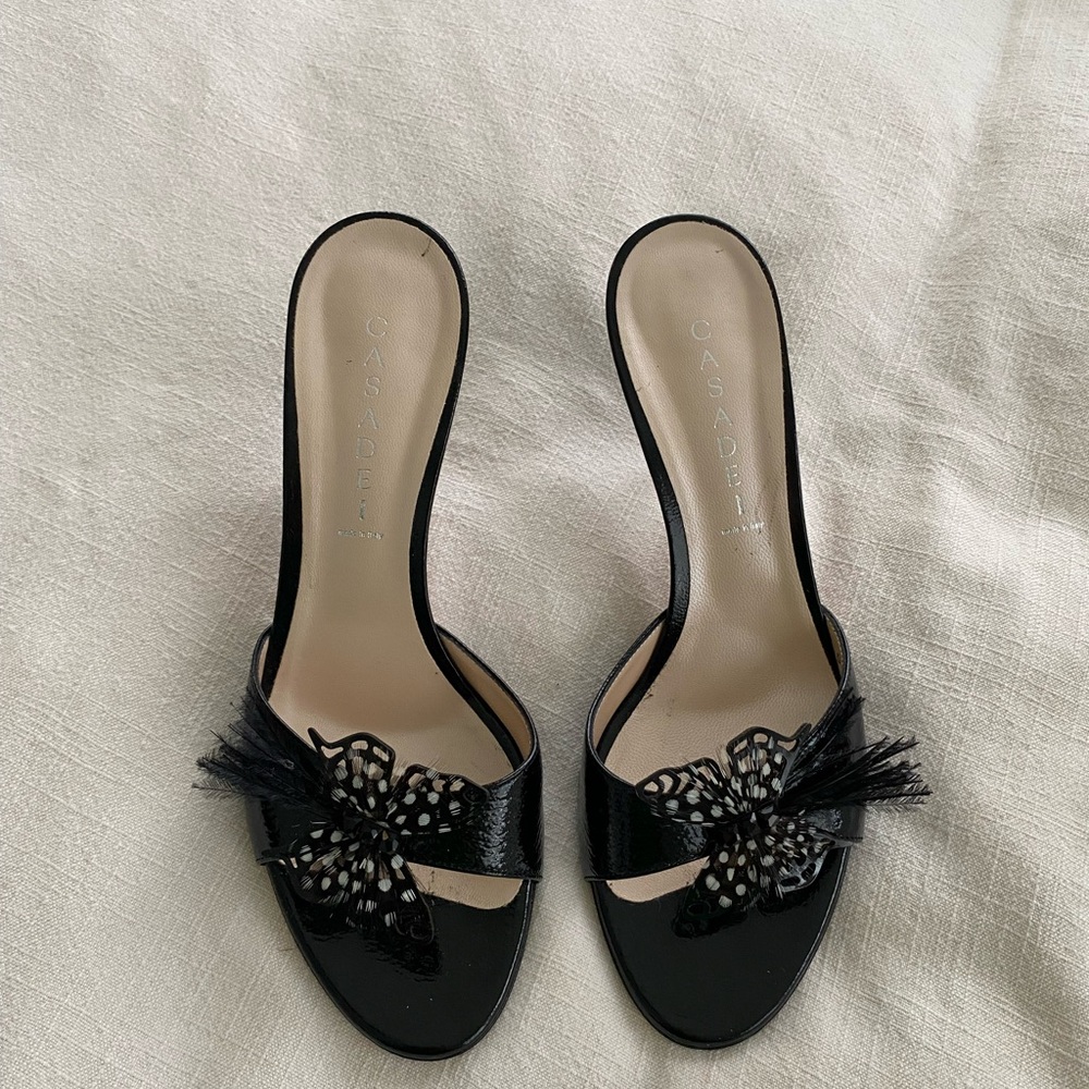 Casadei Black Heeled Sandals with Butterfly Detail
